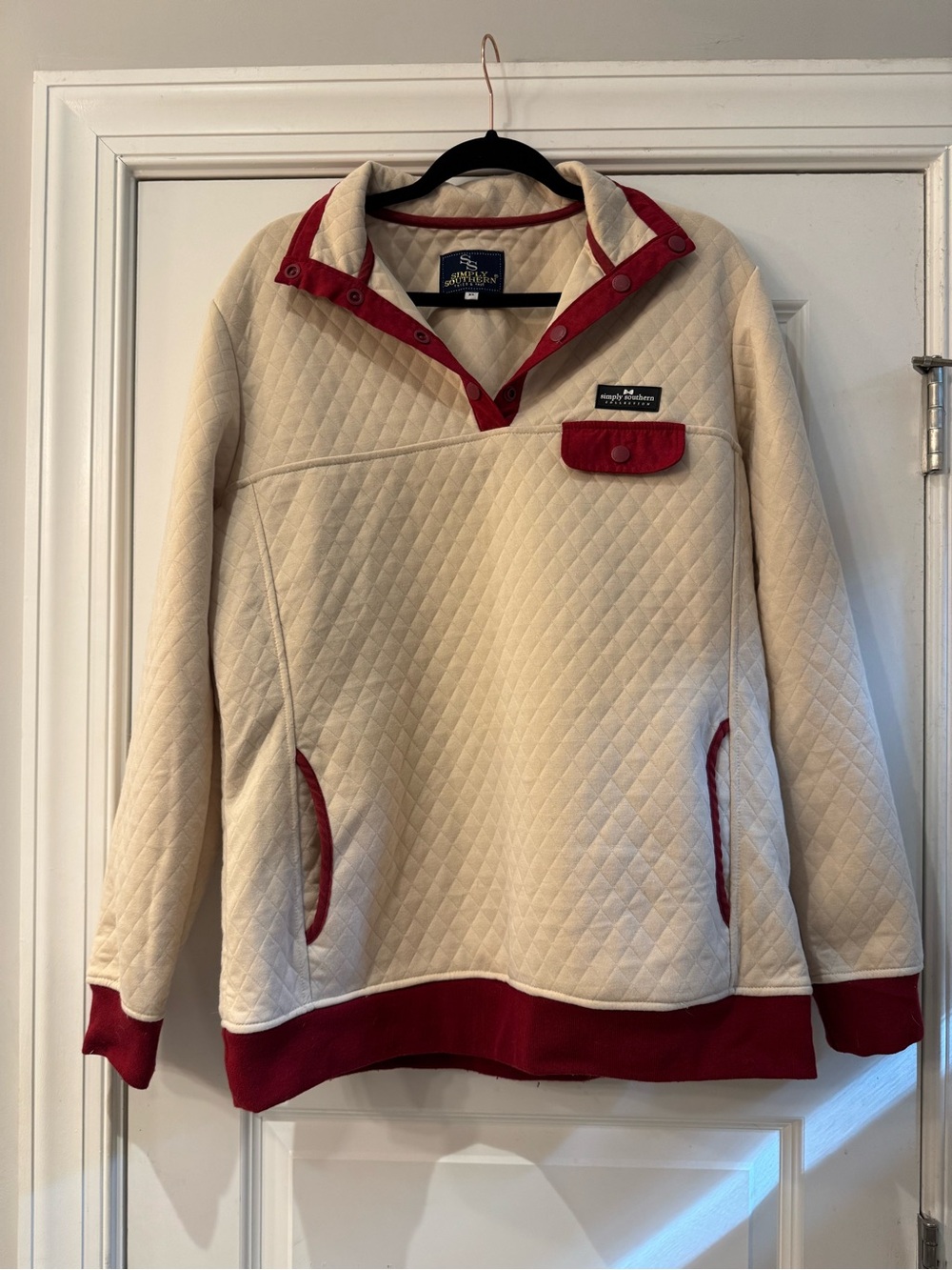 Simply Southern Cream & Burgundy Quilted Pullover - Size:XL